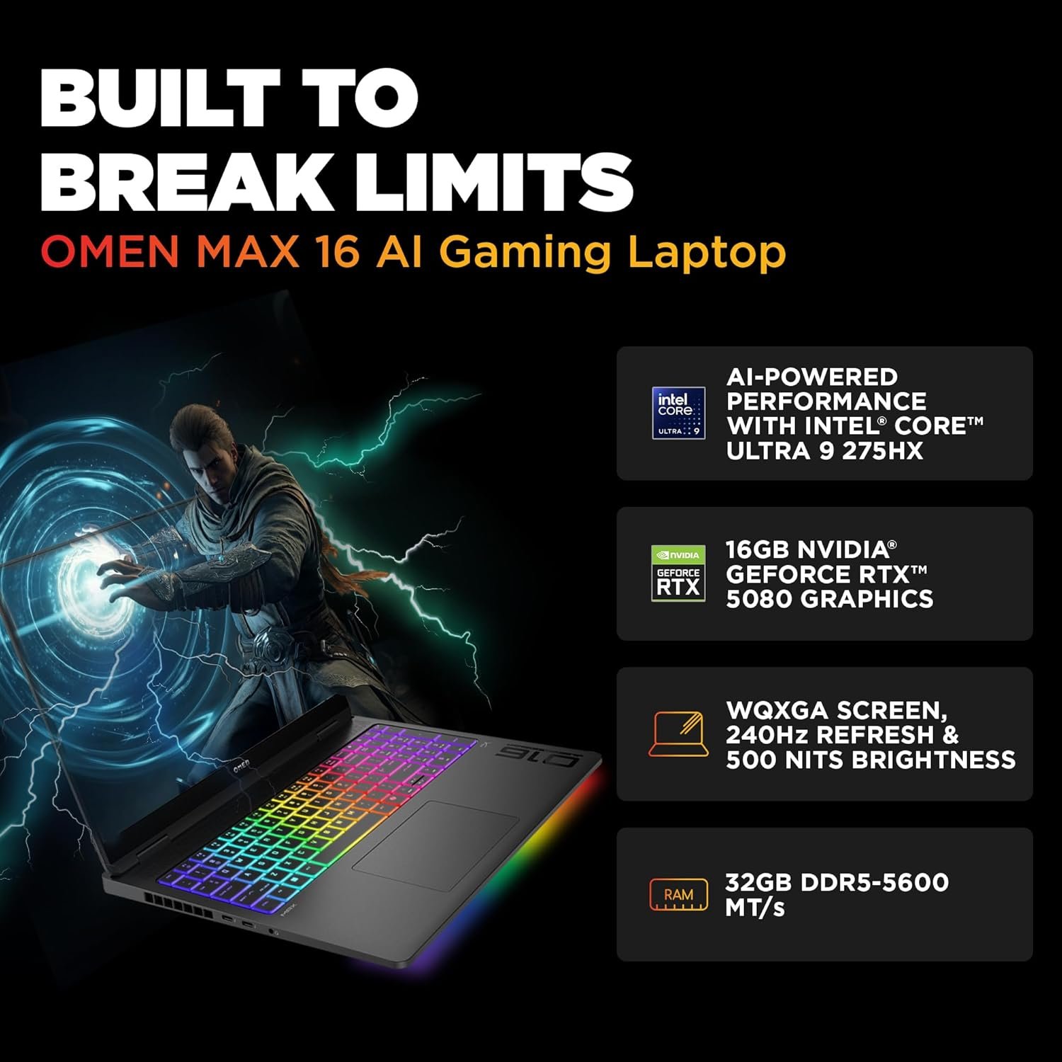 71nrartsesl. sl1500 HP Omen 16 Max, Intel Core Ultra 9 275HX processor,16GB NVIDIA RTX 5080 Gaming AI Laptop (32GB DDR5,1TB SSD) 60-240 Hz,3Ms,IPS,WQXGA,16/40.6Cm,Win11,M365* Office24,Black,2.68Kg,RGB Backlit, Ah0076Tx
