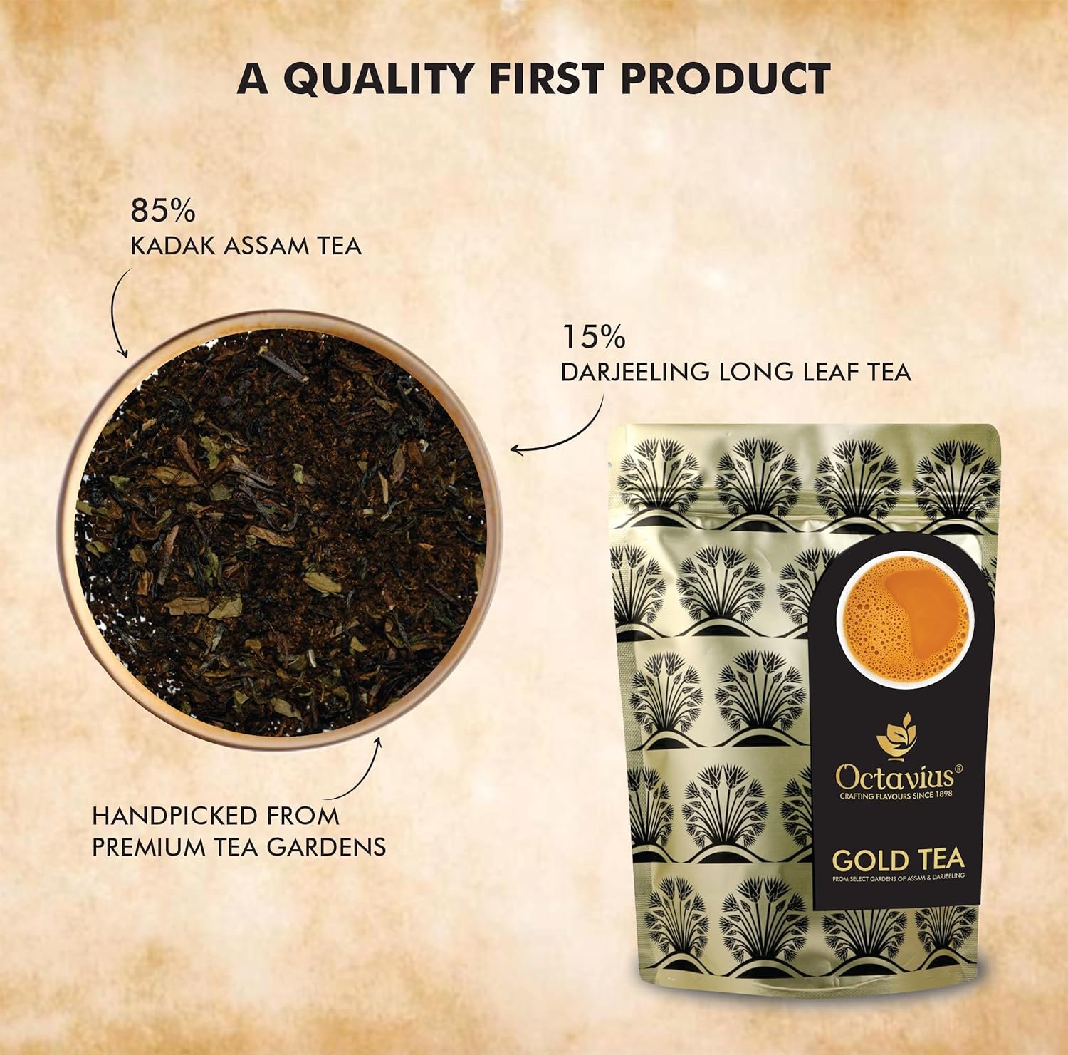 81m6jkvewgl. sl1500 Octavius Gold Tea -1 Kg (500 Cups) | 15% Darjeeling Long Leaf | Black Tea | Blend Of Darjeeling & Assam | Rich And Aromatic Chai | Powder | Chai Patti | Garden Fresh.