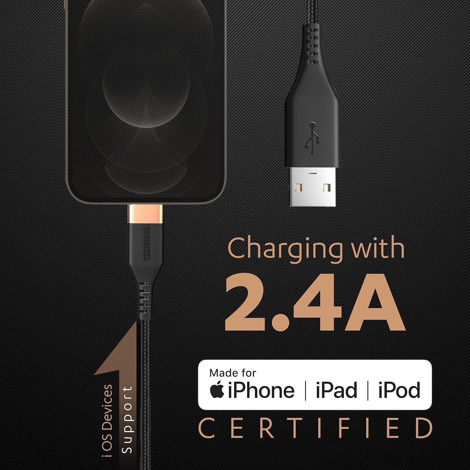 913m7wi5f5l. sl1500 Duracell USB Lightning Apple Certified (Mfi) Braided Sync & Charge Cable For Iphone, Ipad And Ipod. Fast Charging Lightning Cable, 3.9 Feet (1.2M) – Black