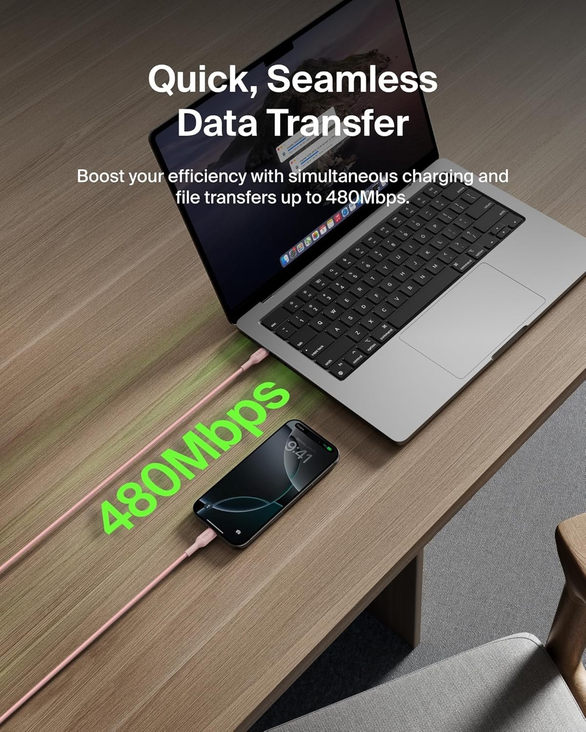 915opgmhahl. sl1500 Belkin Apple Certified USB-C to USB-C Braided Nylon Cable 2 Meter | Fast Charging Cable | Type C Charger Cable for iPhone 17, 16, Galaxy S25, Pixel 9, MacBook, iPad Pro | 2 Years Warranty | Pink