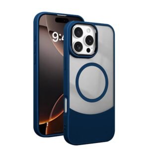 amazon basics Back Cover | Hybrid PC + TPU with Leatherish Finish | MagSafe Compatible | Shockproof Case with Metal Camera Ring | Slim & Protective Cover for Apple iPhone 16 Pro Max (Blue)