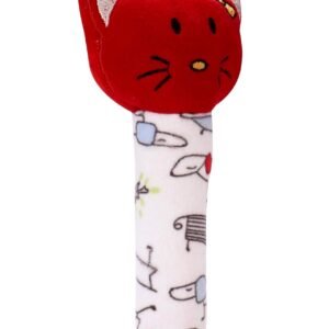 Pikipo Kitty Face Rattle Soft Toy with Squeeze Handle for Squeaky Sound (Red)