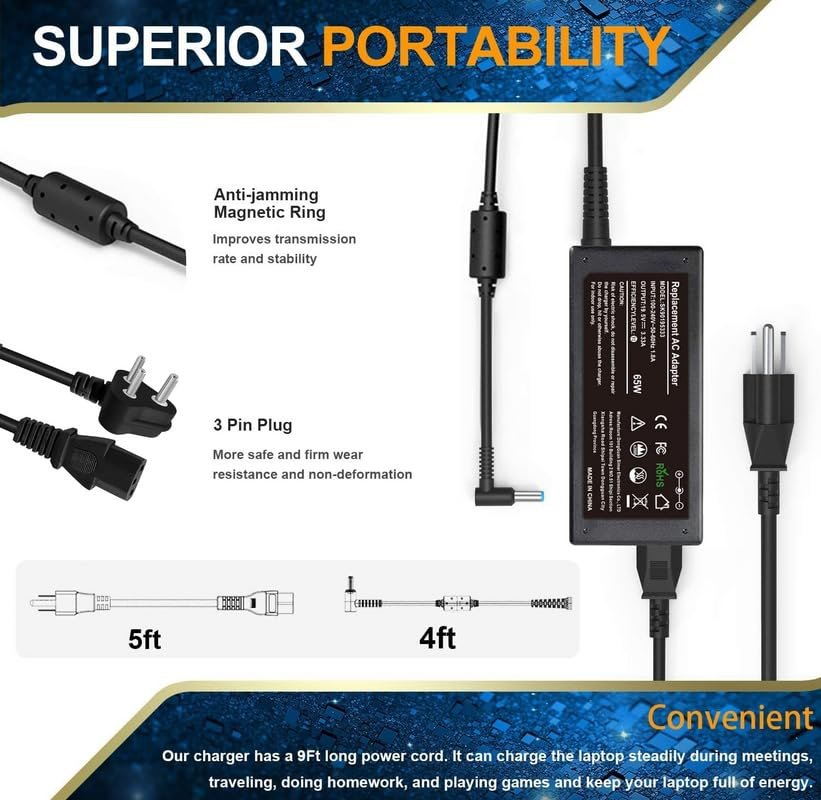 61achuszwql 65W Laptop Charger for HP Pavilion x360 14 15 17, HP Envy 13 15 X360, HP Elitebook 840 G5, HP ProBook HP Chromebook HP Stream Series, HP Spectre 710412-001 19.5V 3.33A HP Adapter