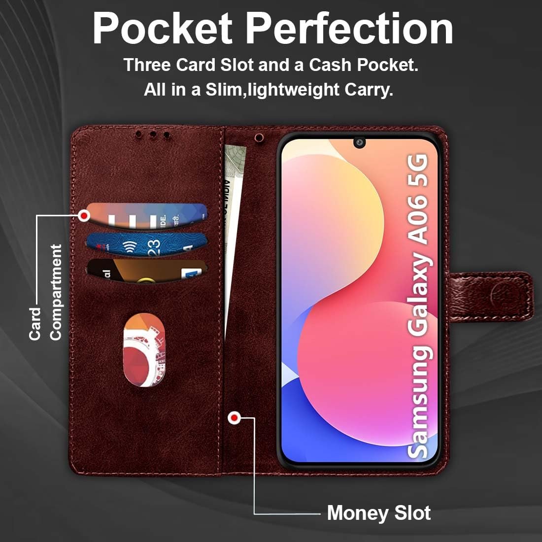 61bsq5k0vel. sl1100 Fashionury Flip Back Case for Samsung Galaxy A06 5G | Designer Button | Genuine Leather Finish | Inbuilt Pockets & Stand | Flip Cover Back Case for Samsung Galaxy A06 5G (Brown)