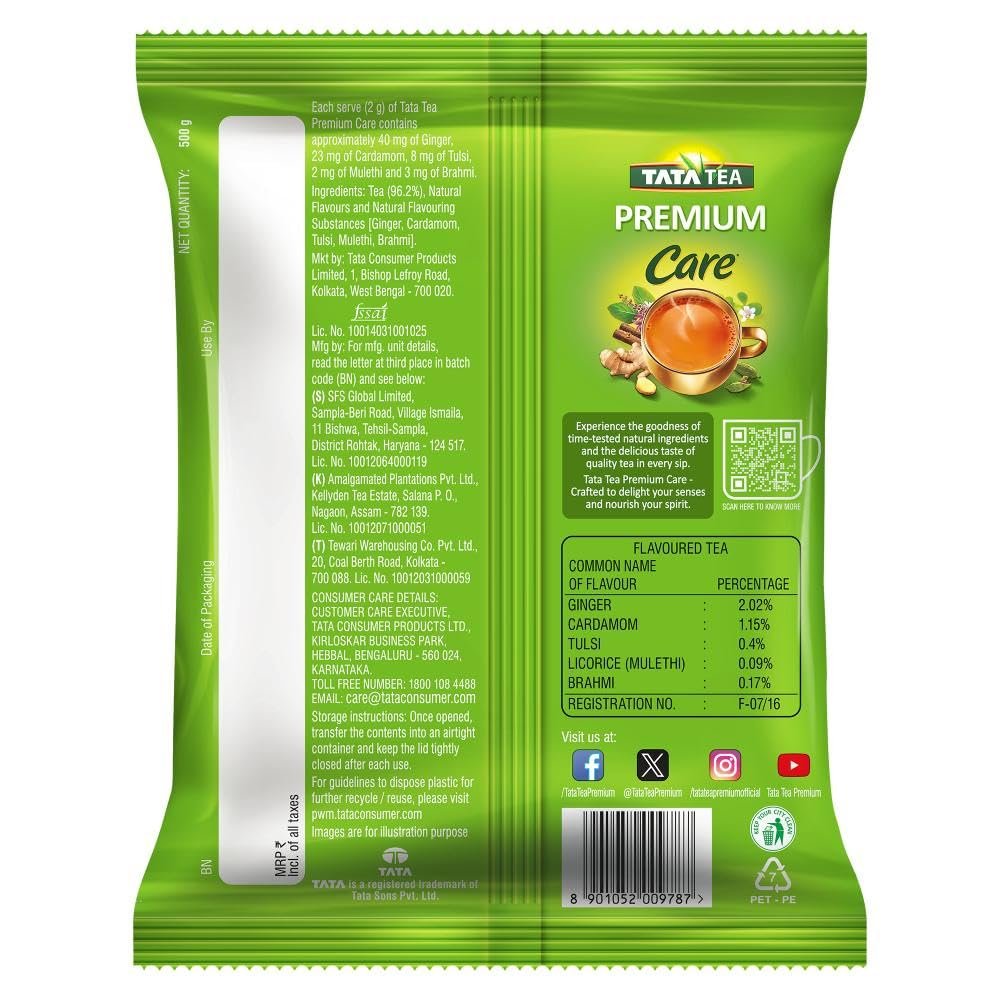 61osjps4npl. sl1000 Tata Tea Premium Care 500g Black Tea, Delicious Tea with Goodness of Tulsi, Mulethi, Ginger, Brahmi & Elaichi, Trusted Quality, Loose Leaves