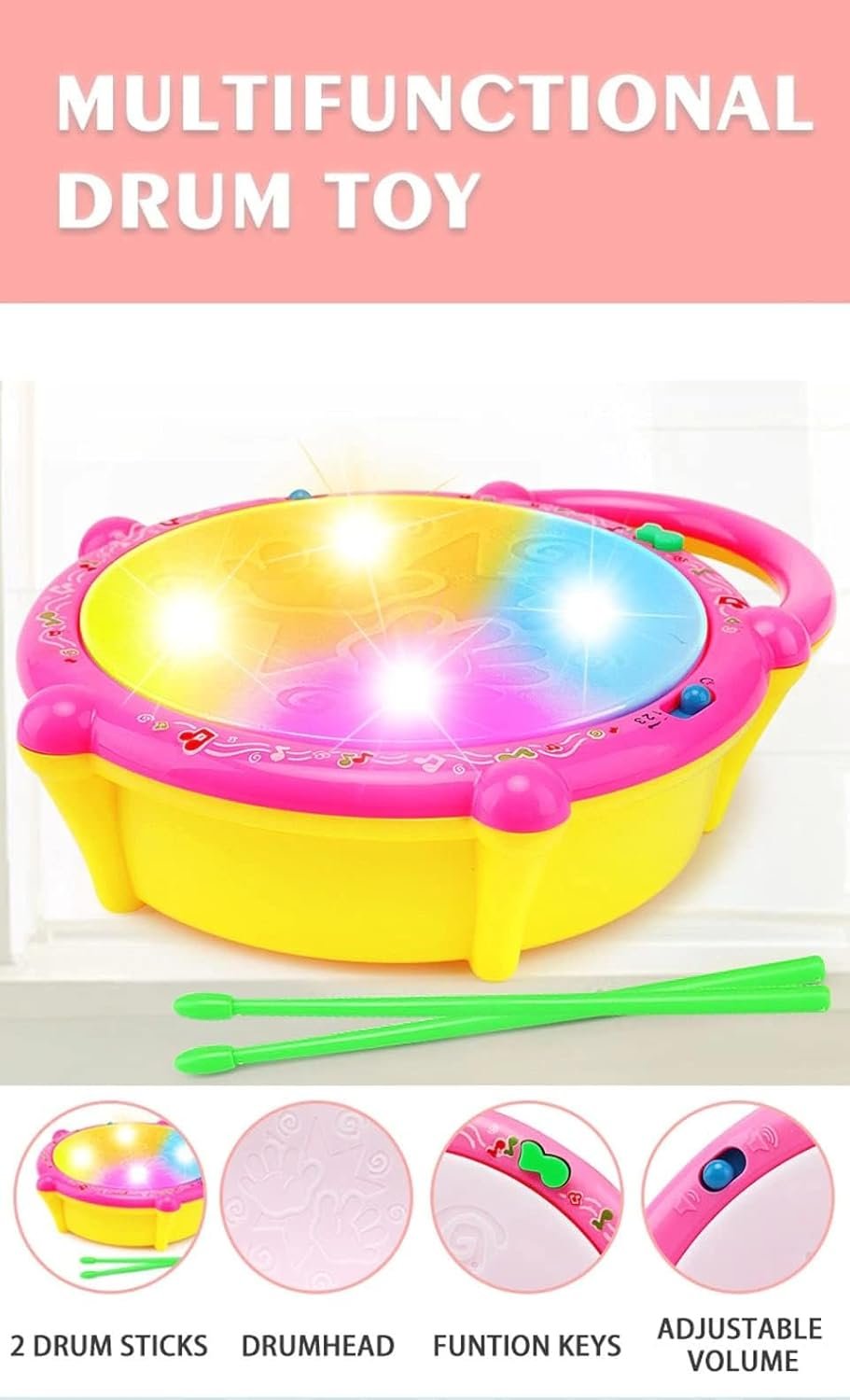 61amxmvgrvl. sl1500 VGRASSP Flash Drum Toy with 2 Mallets for Kids | Multicolor 3D Lights | Dynamic Musical Instrument | Toy for Baby and Toddlers | Battery Operated Toy | for 2 3 4 5 6 Year Old Boys & Girls