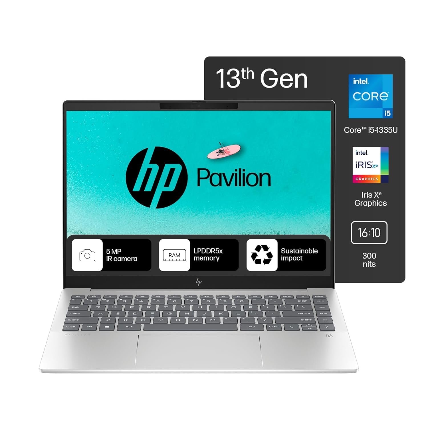HP Pavilion Plus, Intel Core i5-1335U-13th Gen Laptop, (16GB LPDDR5x,512GB SSD),IPS, 300 nits, 14''(35.6cm) 2K,Win 11, M365 Basic(1yr), Office Home 24, Silver,1.38kg, 5MP Camera w/Shutter, ew0107TU HP Pavilion Plus, Intel Core i5-1335U-13th Gen Laptop, (16GB LPDDR5x,512GB SSD),IPS, 300 nits, 14''(35.6cm) 2K,Win 11, M365 Basic(1yr), Office Home 24, Silver,1.38kg, 5MP Camera w/Shutter, ew0107TU