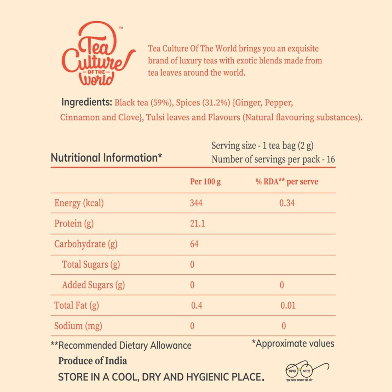 61yowjignxl. sl1500 Tea Culture of The World Classic Masala Chai | Masala Tea Bags Enriched with Assam Black Tea Leaf, Cinnamon, Clove, Pepper, Ginger, Tulsi | Morning Tea, 16 Count