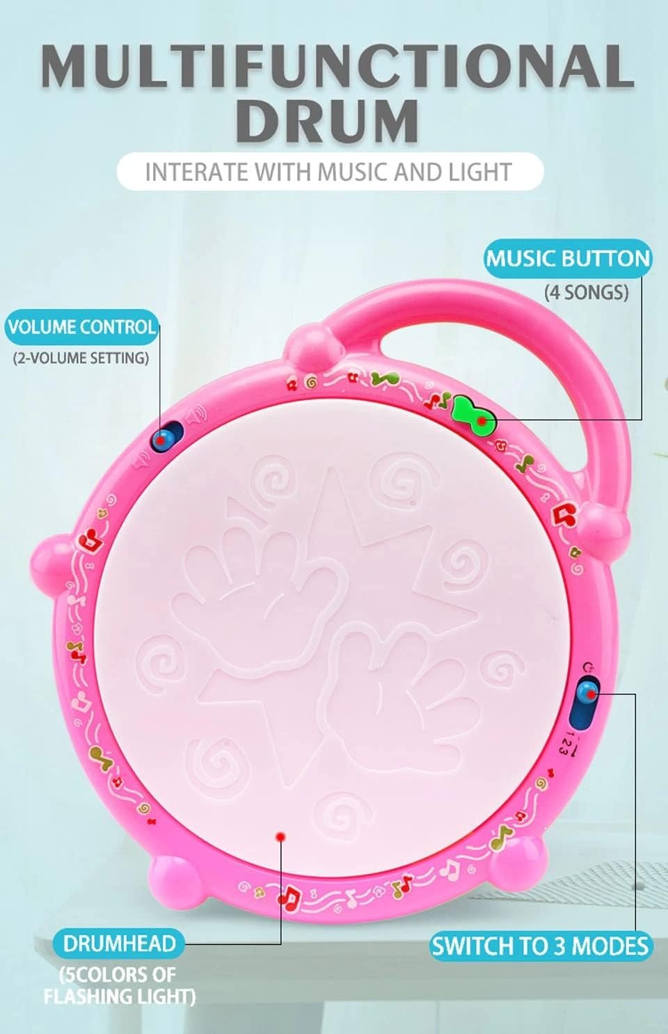 61zexs6gwil. sl1486 VGRASSP Flash Drum Toy with 2 Mallets for Kids | Multicolor 3D Lights | Dynamic Musical Instrument | Toy for Baby and Toddlers | Battery Operated Toy | for 2 3 4 5 6 Year Old Boys & Girls