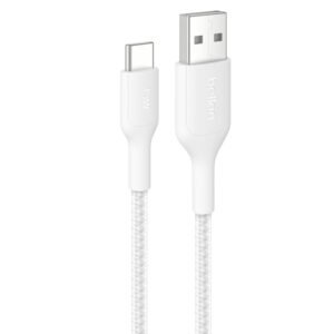 Belkin Braided USB-C to USB-A Cable 1 Meter, 60W - Soft, Flexible Fast Charging Cable, Type C Charger Cord for iPhone 17, Samsung Galaxy S25, Google Pixel 10, MacBook, iPad Pro, & More - White