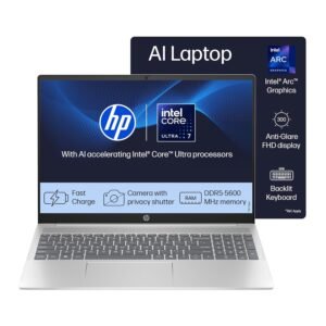 HP 14 AI, Intel Core Ultra 7 155H (16GB DDR5, 512GB SSD) FHD, Anti-Glare, 14"/35.6cm, Win11, Office21, Silver, 1.4kg, gr1023TU, Intel Arc Graphics, FHD Camera w/Shutter, Backlit Kb AI Powered Laptop