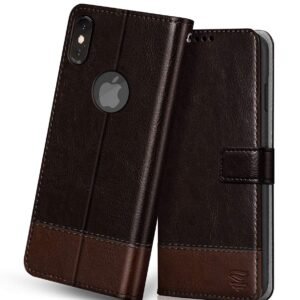 FLIPPED Vegan Leather Flip Case Back Cover Compatible with Apple iPhone Xs Max (Flexible, Shock Proof | Hand Stitched Leather Finish | Card Pockets Wallet & Stand | Coffee with Brown