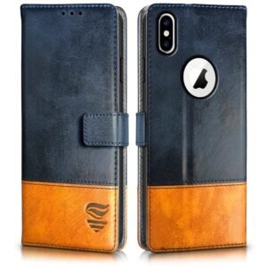 FLIPPED Vegan Leather Flip Case Back Cover for Apple iPhone X | Xs (Flexible, Shock Proof | Hand Stitched Leather Finish | Card Pockets Wallet & Stand | Irish Blue with Tanned Oak)