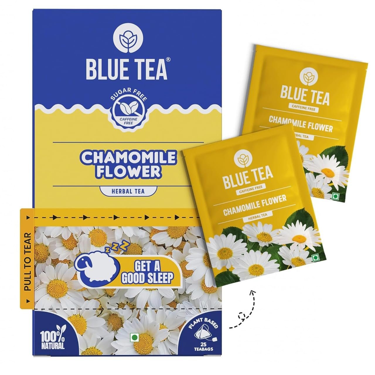 BLUE TEA - Chamomile Tea For Sleep - 25 Tea Bags - Plant Based | Get a good Sleep | Relaxation | Stress Relief | Caffeine Free - Flower Based - Herbal Tea | Single Tear Tea Box | Easy Pull Sachets BLUE TEA - Chamomile Tea For Sleep - 25 Tea Bags - Plant Based | Get a good Sleep | Relaxation | Stress Relief | Caffeine Free - Flower Based - Herbal Tea | Single Tear Tea Box | Easy Pull Sachets