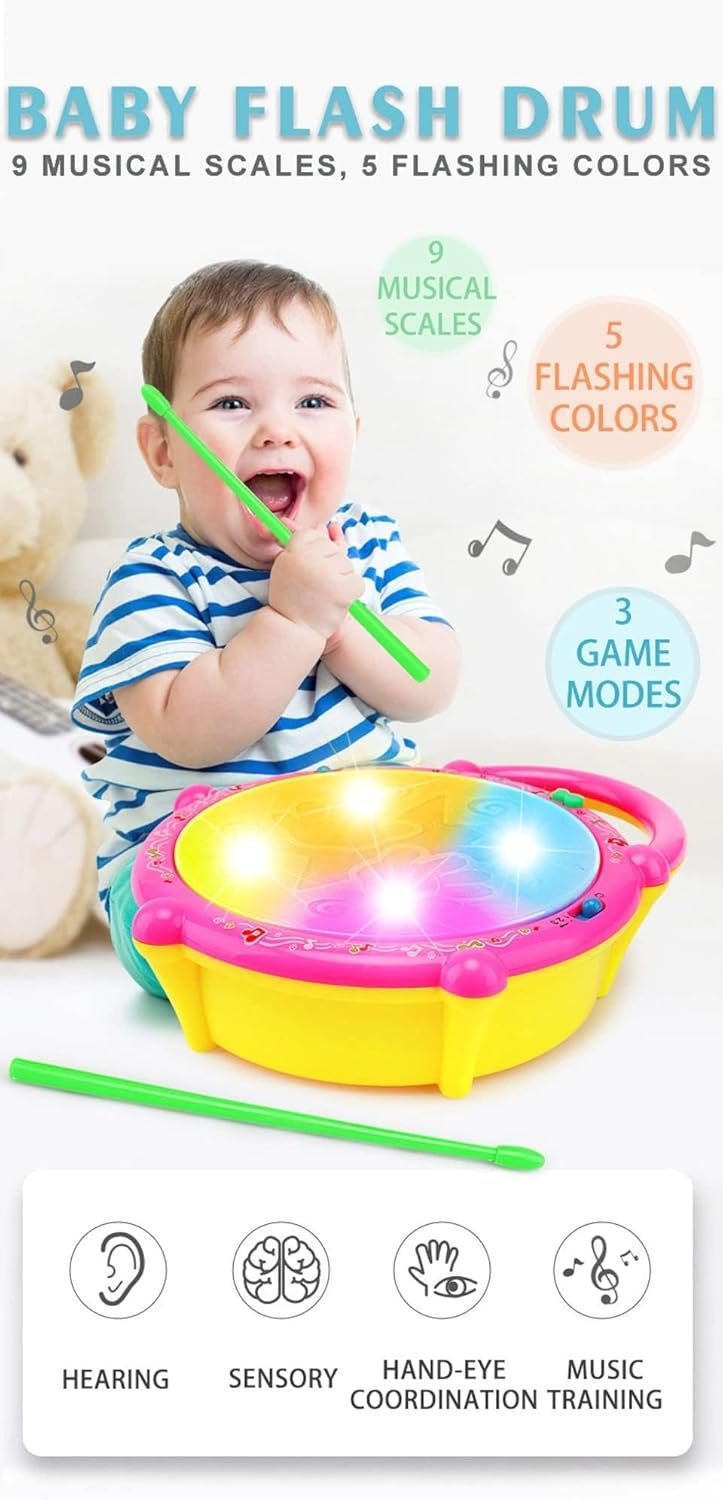 71mbvyysh9l. sl1500 VGRASSP Flash Drum Toy with 2 Mallets for Kids | Multicolor 3D Lights | Dynamic Musical Instrument | Toy for Baby and Toddlers | Battery Operated Toy | for 2 3 4 5 6 Year Old Boys & Girls