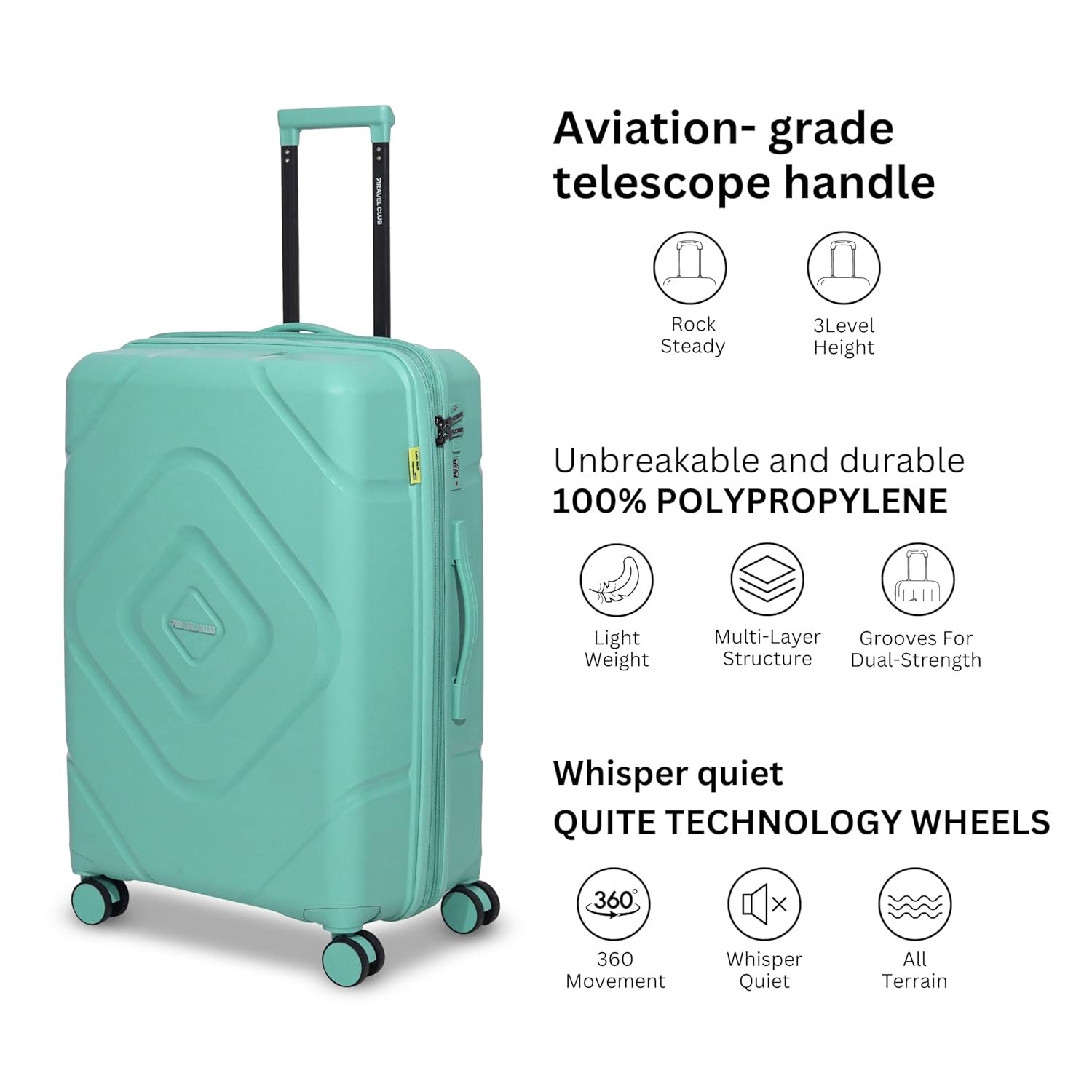 71rk5ohicll. sl1500 TRAVEL CLUB – Moscow Hard-Sided Polypropylene Cabin Luggage 22 Inch |61cm Lightest Trolley Bag with 8 Strong Wheel | Trolley Bag for Travel | Mint Green
