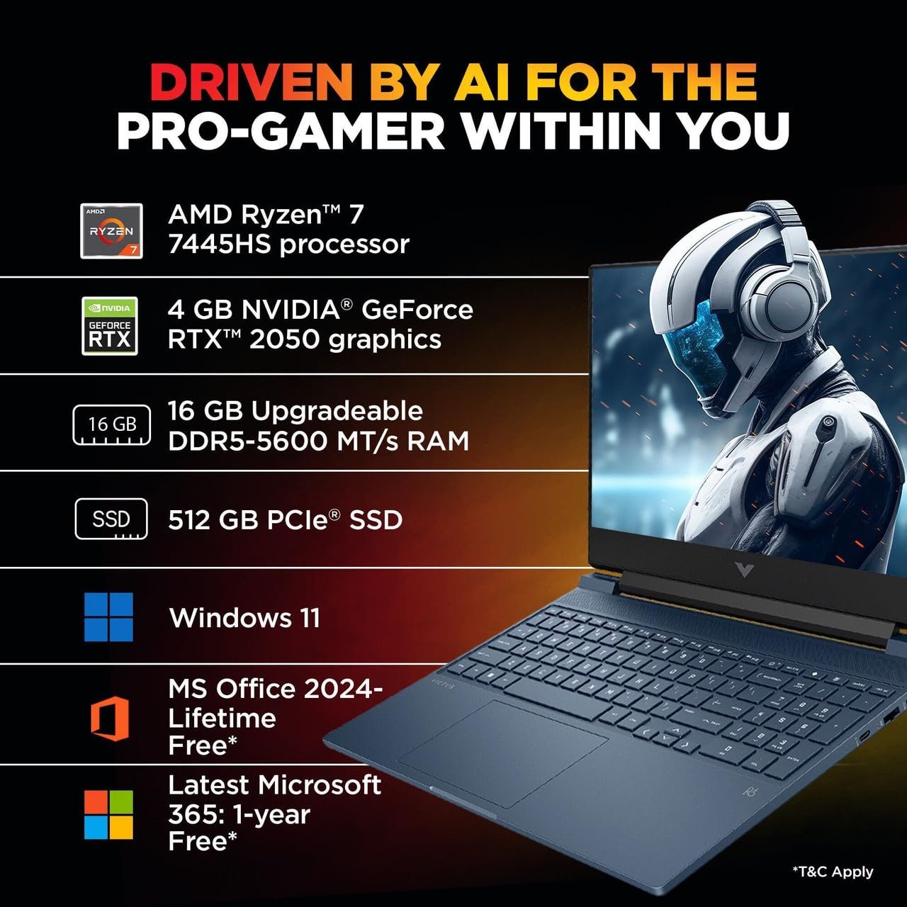 71suo6hxe9l. sl1280 HP Smartchoice Victus, AMD Ryzen 7 7445HS 4GB NVIDIA GeForce RTX 2050 – (16 GB/512 GB SSD/Windows 11 Home) FHD, 144Hz, 300 nits, 15.6/39.6cm, M365* Office24, Blue, 2.29kg,15-fb3122AX Gaming Laptop