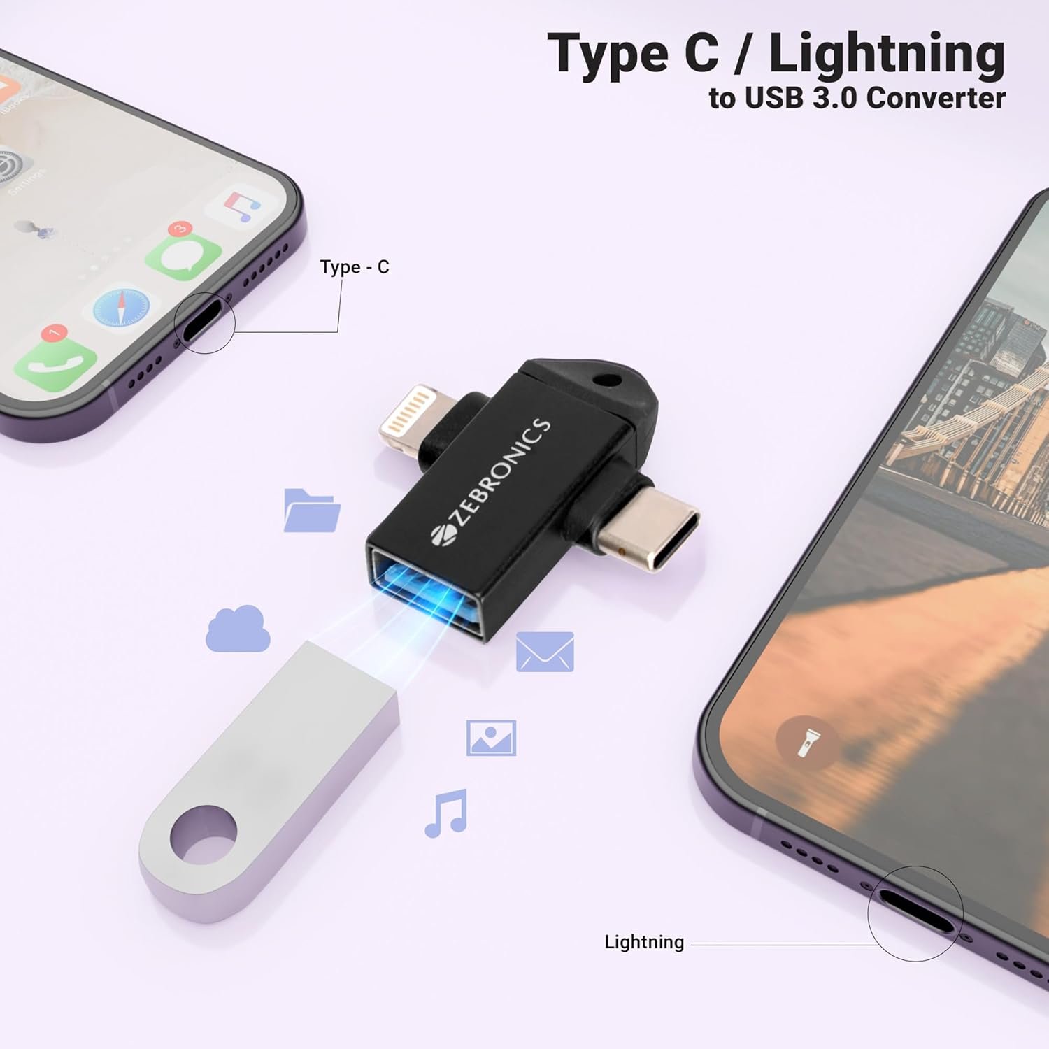 71cwuqnllpl. sl1500 ZEBRONICS OTG2, 2 in 1 Lightning | Type C – USB OTG Converter, USB 3.0, Backward Compatible, Speeds Upto 5Gbps, Compatible with iPhone, iPad, Android, Laptop