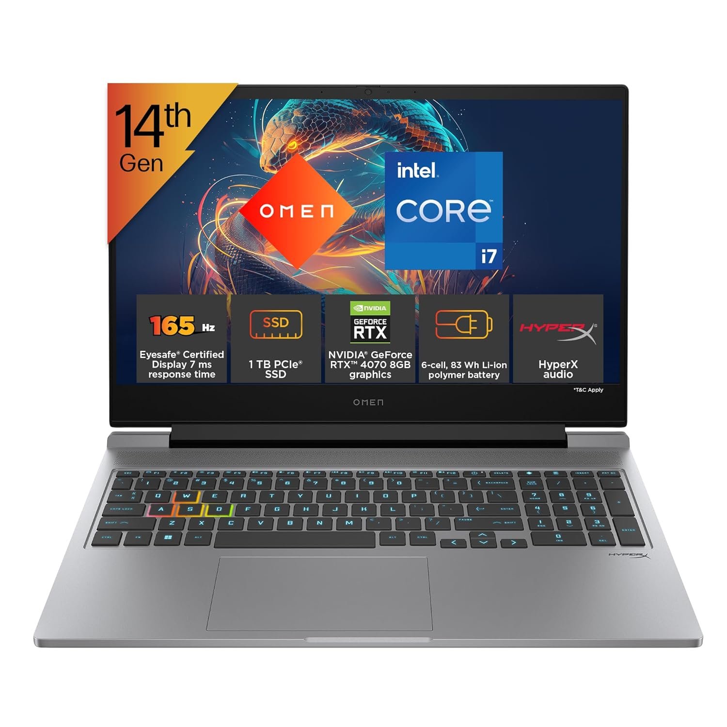 HP Omen, 14th Gen Intel Core i7-14700HX, 8GB RTX 4070 (16GB DDR5, 1TB SSD) 165Hz, 300nits, IPS, FHD, 16.1"/40.9cm, Win11, M365* Office 24, Meteor Silver, 2.31Kg, RGB Backlit, ae0003TX, Gaming Laptop HP Omen, 14th Gen Intel Core i7-14700HX, 8GB RTX 4070 (16GB DDR5, 1TB SSD) 165Hz, 300nits, IPS, FHD, 16.1"/40.9cm, Win11, M365* Office 24, Meteor Silver, 2.31Kg, RGB Backlit, ae0003TX, Gaming Laptop