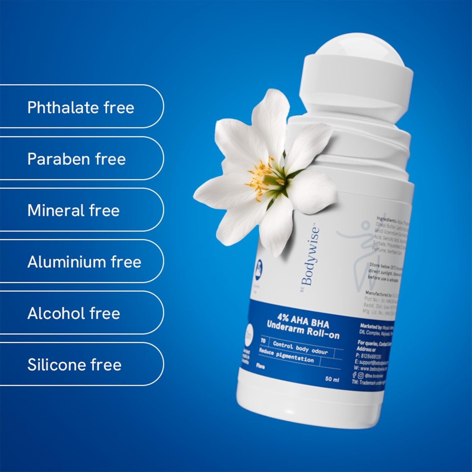 71filtcv2ul. sl1500 Be Bodywise 4% Aha Bha Underarm Roll On, 2% Lactic, 1% Mandelic and 1% Salicylic Acid, Controls Odour & Reduces Pigmentation, 0% Alcohol & 0% Aluminium, Flora Fragrance, 50ml