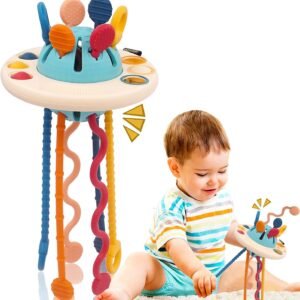 Kidology Pull String Toy for Babies Teething Strings Sensory Montessori Toys Baby Girl,Travel Toy for 6+Months Boy Food Grade Silicone Fine Motor Skills Toy for Toddlers (UFO), Multicolor