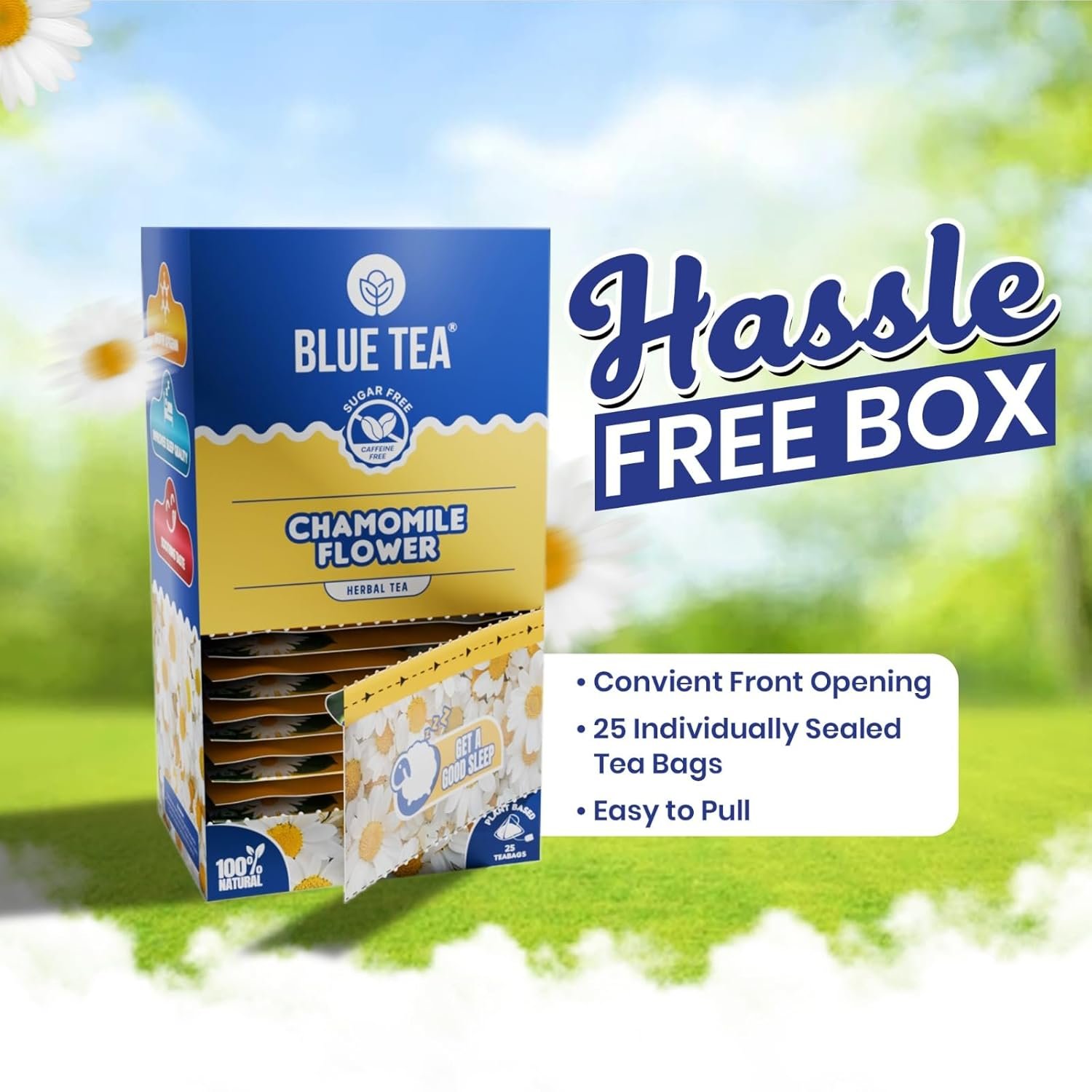 71lm7uxee9l. sl1500 BLUE TEA – Chamomile Tea For Sleep – 25 Tea Bags – Plant Based | Get a good Sleep | Relaxation | Stress Relief | Caffeine Free – Flower Based – Herbal Tea | Single Tear Tea Box | Easy Pull Sachets