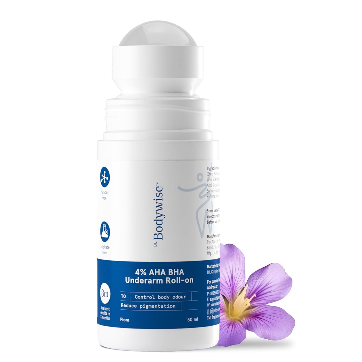 Be Bodywise 4% Aha Bha Underarm Roll On, 2% Lactic, 1% Mandelic and 1% Salicylic Acid, Controls Odour & Reduces Pigmentation, 0% Alcohol & 0% Aluminium, Flora Fragrance, 50ml Be Bodywise 4% Aha Bha Underarm Roll On, 2% Lactic, 1% Mandelic and 1% Salicylic Acid, Controls Odour & Reduces Pigmentation, 0% Alcohol & 0% Aluminium, Flora Fragrance, 50ml