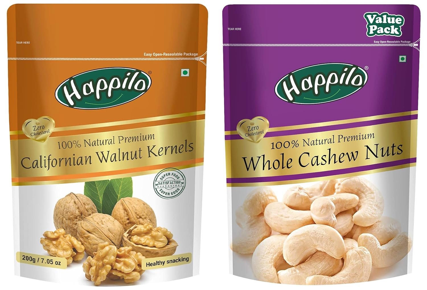 Happilo 100% Natural Premium Whole Cashews Value Pack Pouch, 500 g & Premium 100% Natural Californian Walnut Kernels,Dried,200g Happilo 100% Natural Premium Whole Cashews Value Pack Pouch, 500 g & Premium 100% Natural Californian Walnut Kernels,Dried,200g