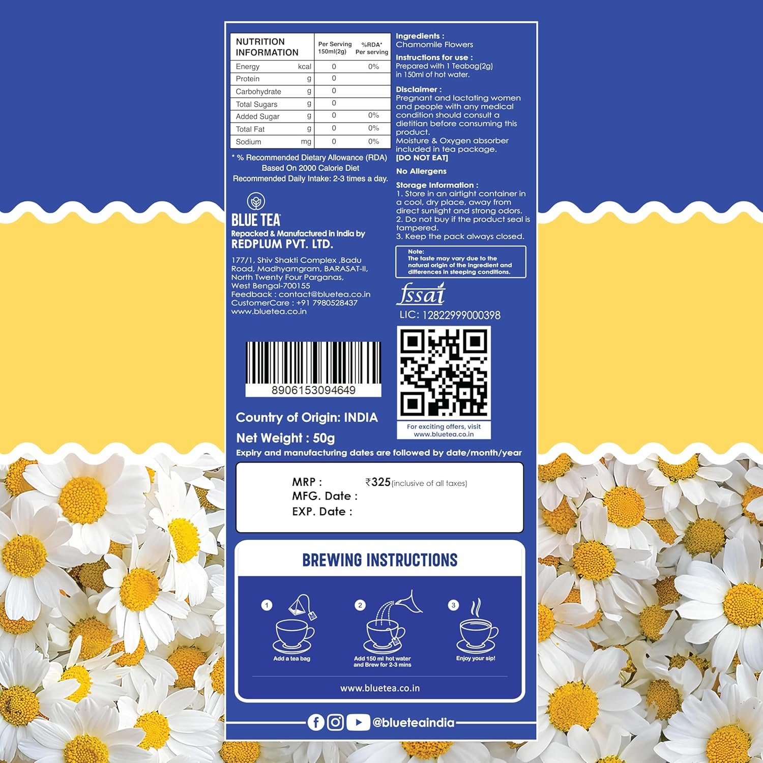 81ali4odhvl. sl1500 BLUE TEA – Chamomile Tea For Sleep – 25 Tea Bags – Plant Based | Get a good Sleep | Relaxation | Stress Relief | Caffeine Free – Flower Based – Herbal Tea | Single Tear Tea Box | Easy Pull Sachets