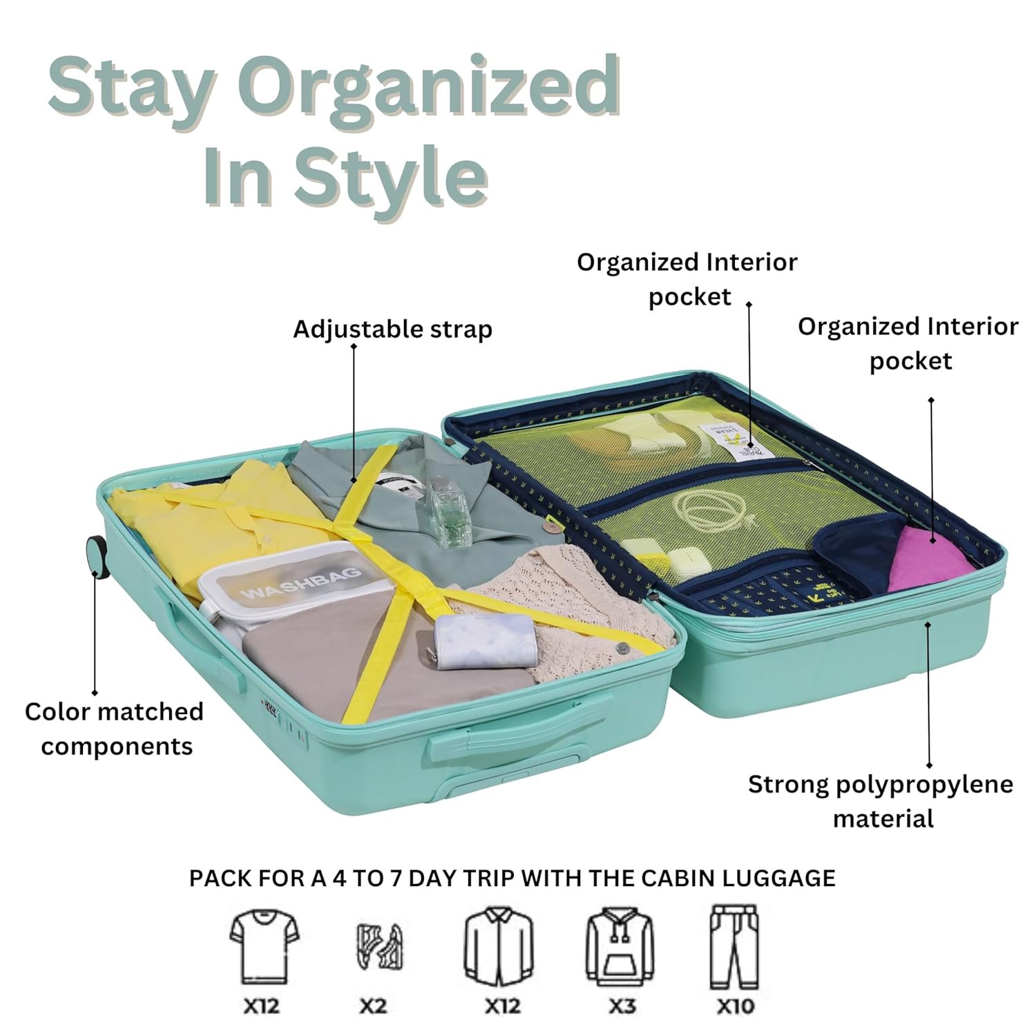 81pa2ywxhel. sl1500 TRAVEL CLUB – Moscow Hard-Sided Polypropylene Cabin Luggage 22 Inch |61cm Lightest Trolley Bag with 8 Strong Wheel | Trolley Bag for Travel | Mint Green