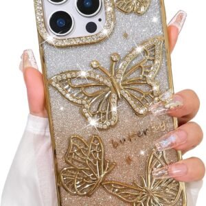Elzzi Newest Electroplated Butterfly Phone Cover for iPhone 16 Pro Max Case, Showcasing Pearlescent Diamond Soft TPU, Camera Protection, Shockproof, Dropresistant Stylish for Girls & Women (Gold)