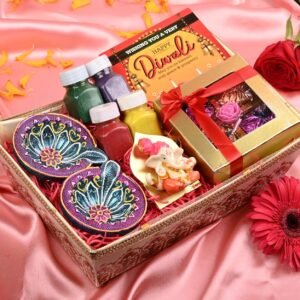Diwali gifts for family and friends/diwali gift hamper/diwali gifts-Handcrafted chocolates in a box+2 earthern diyas+4 jars of rangoli colours+Ganesha idol+deepawali greeting card