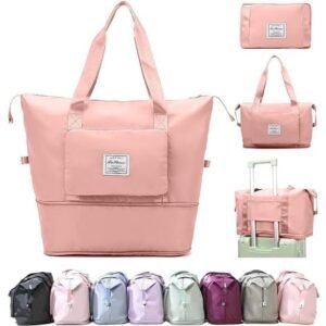 QONETIC 41 Liter Expandable Travel Bags for Women, Duffle Bags for Women Luggage, Foldable Vanity Traveling Bag, Waterproof Hand Bag for Ladies Personal Items (Peach)