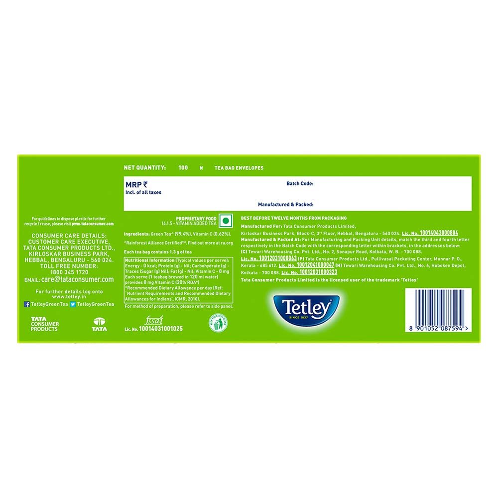 6131fouzgl. sl1000 Tetley Green Tea, Regular, 100 Tea Bags, 140 Grams, Pack of 1