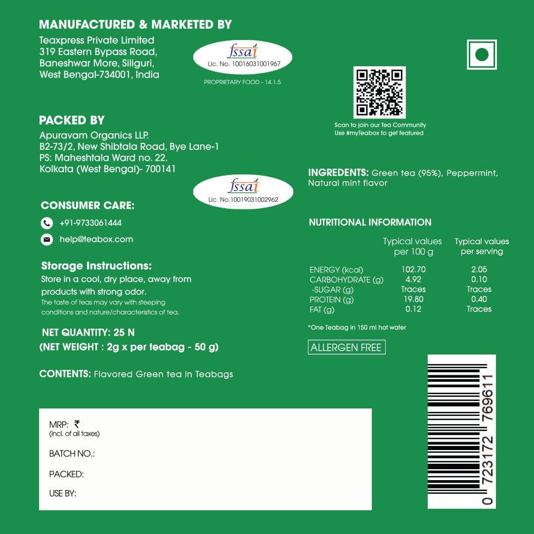 61fcyzurs9l. sl1080 Teabox Mint Green Tea | 25 Tea Bags with Premium Green Tea & Real Peppermint Leaves | Refreshing, Cooling & Smooth | Low Caffeine | Clean Ingredient Blend