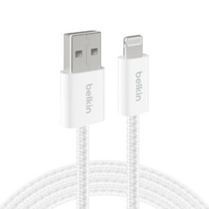 Belkin Apple Certified Nylon Braided USB A to Lightning Cable 1.5 Meter - MFi Certified Apple Charger USB C Cable - Fast Charging for iPhone 14, iPhone 13, iPad, Air Pods - White
