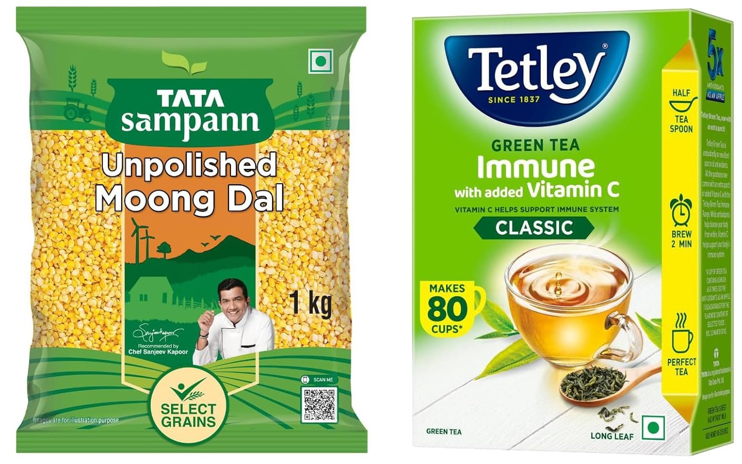 Tata Sampann Unpolished Moong Dal (Split) 1Kg & Tetley Long Leaf Green Tea 100 Grams Tata Sampann Unpolished Moong Dal (Split) 1Kg & Tetley Long Leaf Green Tea 100 Grams