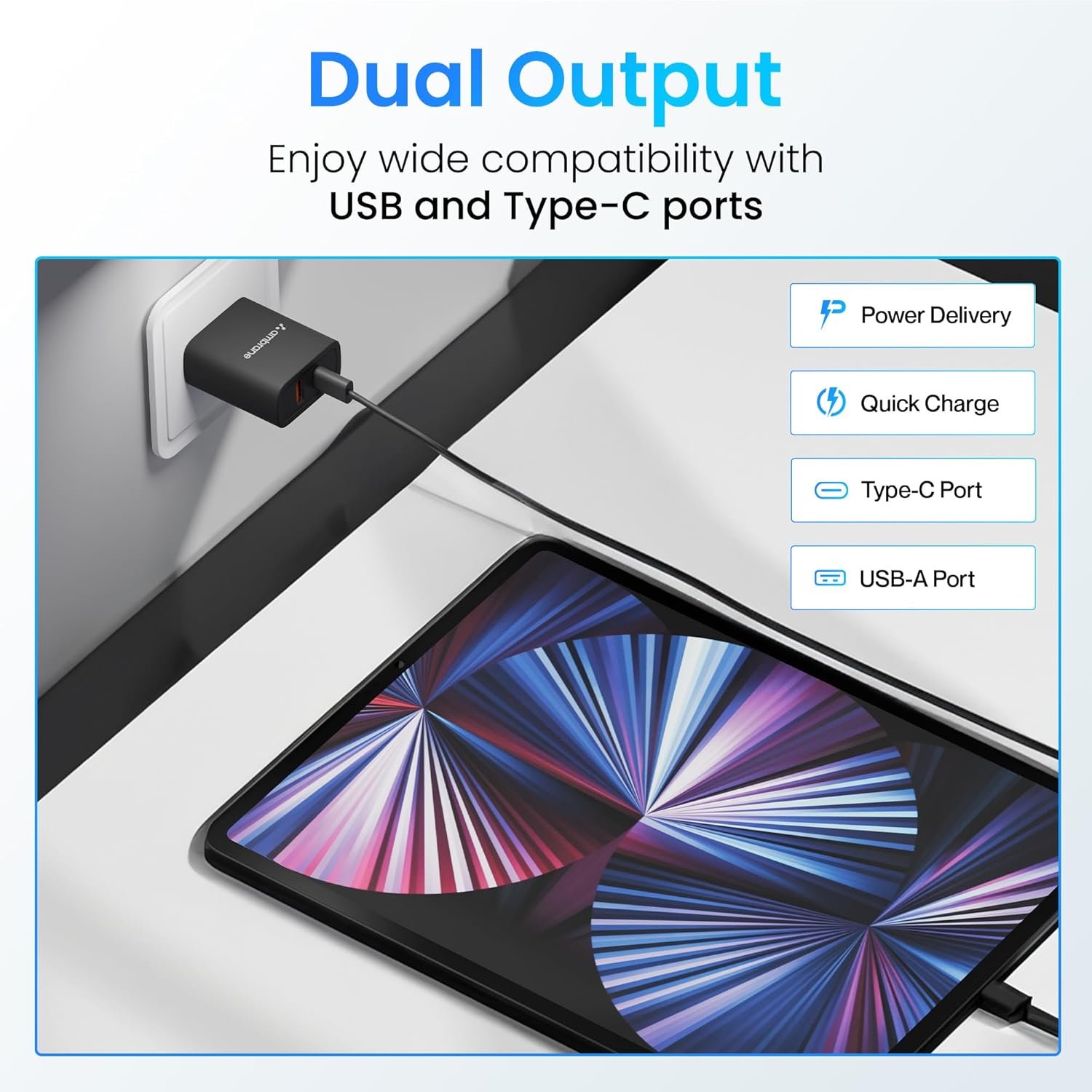 71lszndj2ul. sl1500 Ambrane 20W Dual Port Wall Charger, USB & Type C Adapter Fast Charging for iPhone 16/15/14/13/12/11 (Pro,Pro Max,Plus), iPad, Google Pixel, Samsung & All Type C Devices BIS Certified (H11 Black)