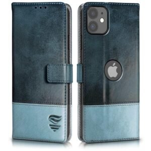 FLIPPED Vegan Leather Flip Case Back Cover for Apple iPhone 11 (Flexible, Shock Proof | Hand Stitched Leather Finish | Card Pockets Wallet & Stand | Blue with Aquamarine)