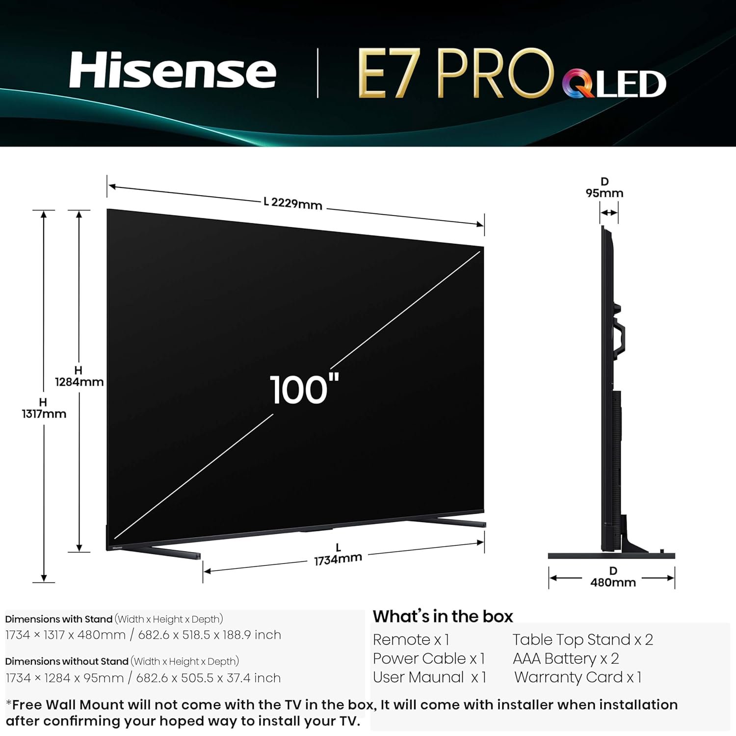 71rxnbrfyhl. sl1500 Hisense 254 cm (100 Inches) 4K Ultra HD Smart QLED TV | Dolby Vision Atmos, HDR10+ Adaptive | 144 Hz Game Mode Pro | 2.1 CH 50W Speakers with Subwoofer | VIDAA OS | 100E7Q PRO (Charcoal Grey)