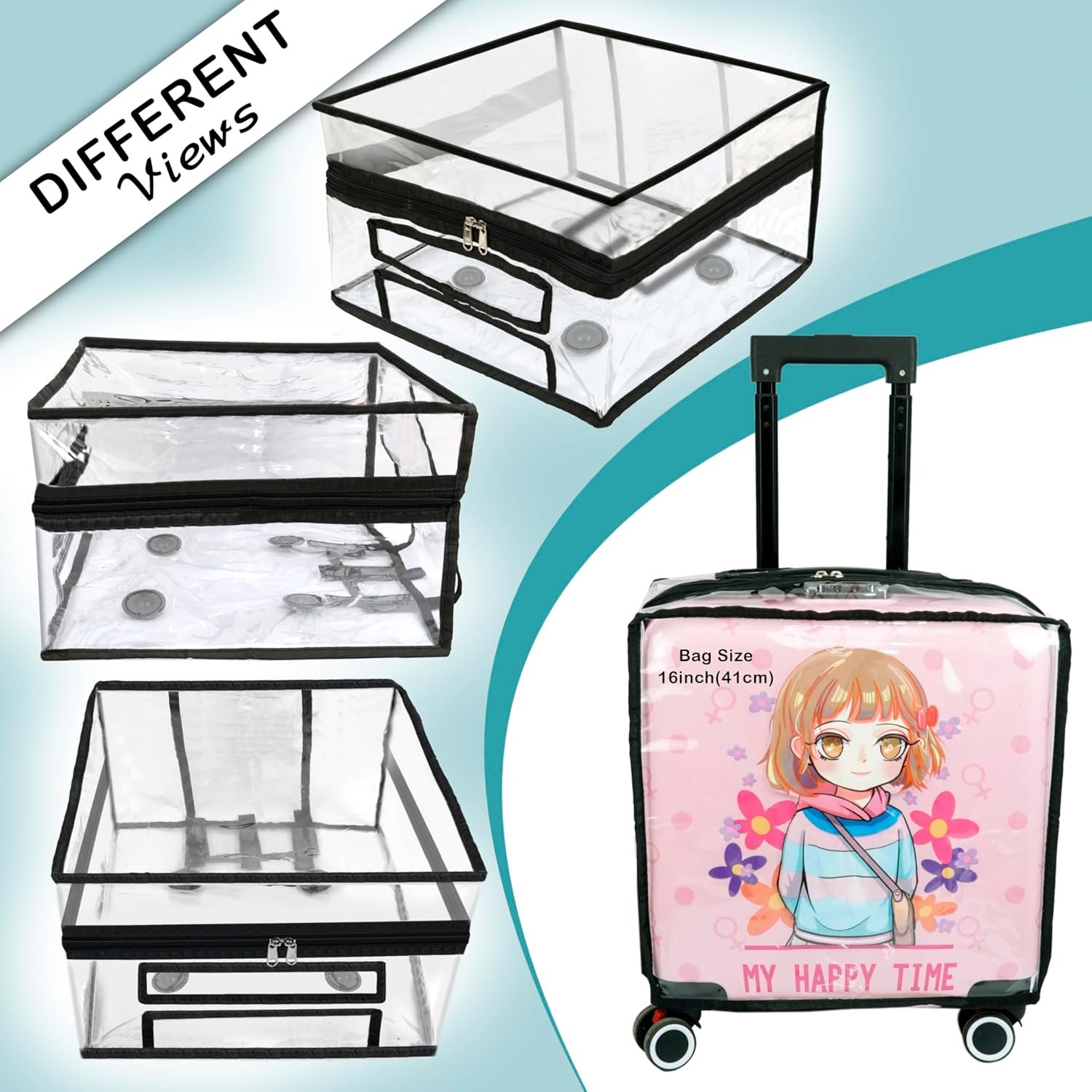 81dxvxk6n9l. sl1500 Storite 16 Inch Clear PVC Transparent Zipper Kids Trolley Cover Waterproof Dustproof Anti-Scratch Protector with Black Border & Handle Openings for Childrens Wheeled Luggage (40x22x40 Cm) (1)