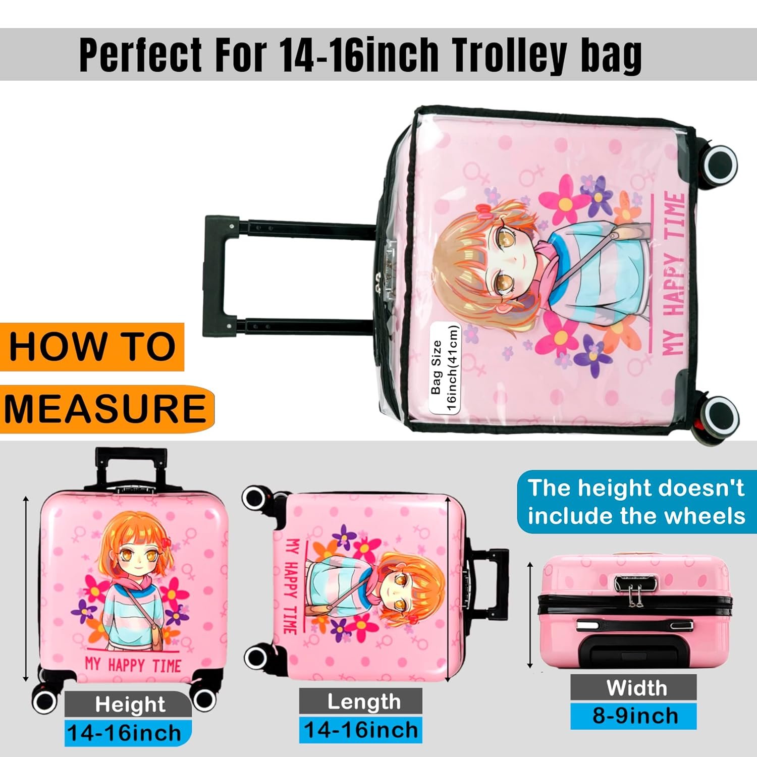 81dfy59xol. sl1500 Storite 16 Inch Clear PVC Transparent Zipper Kids Trolley Cover Waterproof Dustproof Anti-Scratch Protector with Black Border & Handle Openings for Childrens Wheeled Luggage (40x22x40 Cm) (1)