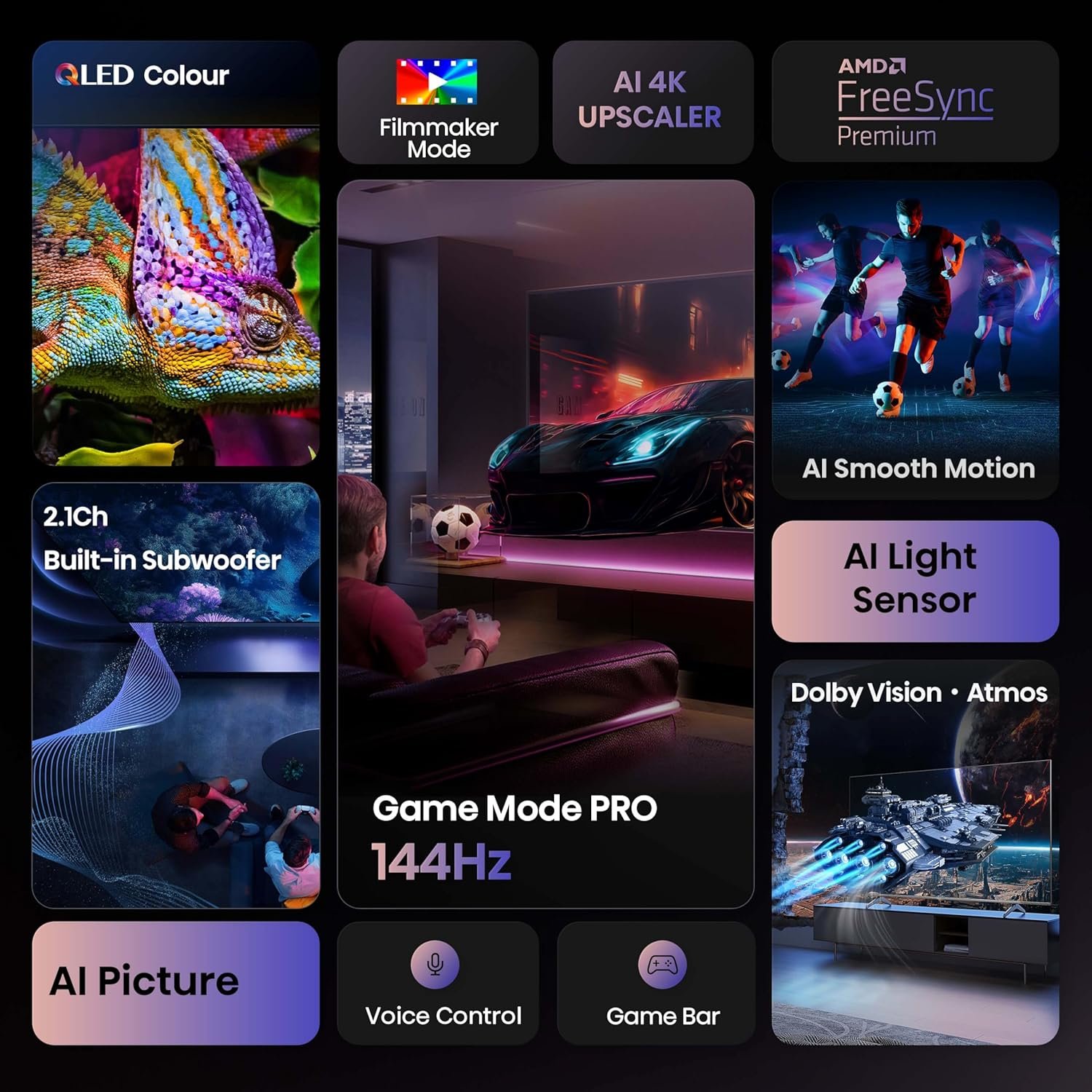 81qikpa3g1l. sl1500 Hisense 254 cm (100 Inches) 4K Ultra HD Smart QLED TV | Dolby Vision Atmos, HDR10+ Adaptive | 144 Hz Game Mode Pro | 2.1 CH 50W Speakers with Subwoofer | VIDAA OS | 100E7Q PRO (Charcoal Grey)