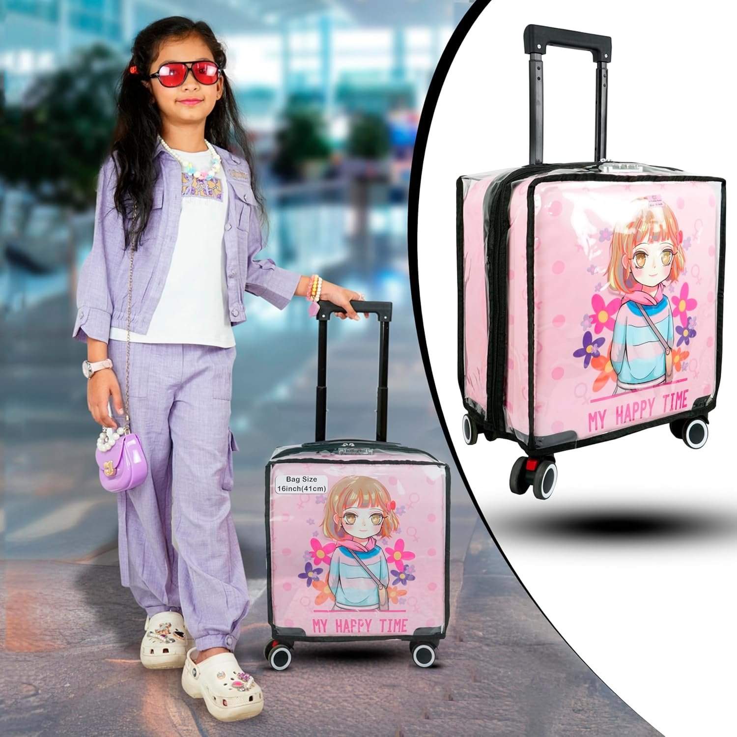 81msplqzckl. sl1500 Storite 16 Inch Clear PVC Transparent Zipper Kids Trolley Cover Waterproof Dustproof Anti-Scratch Protector with Black Border & Handle Openings for Childrens Wheeled Luggage (40x22x40 Cm) (1)