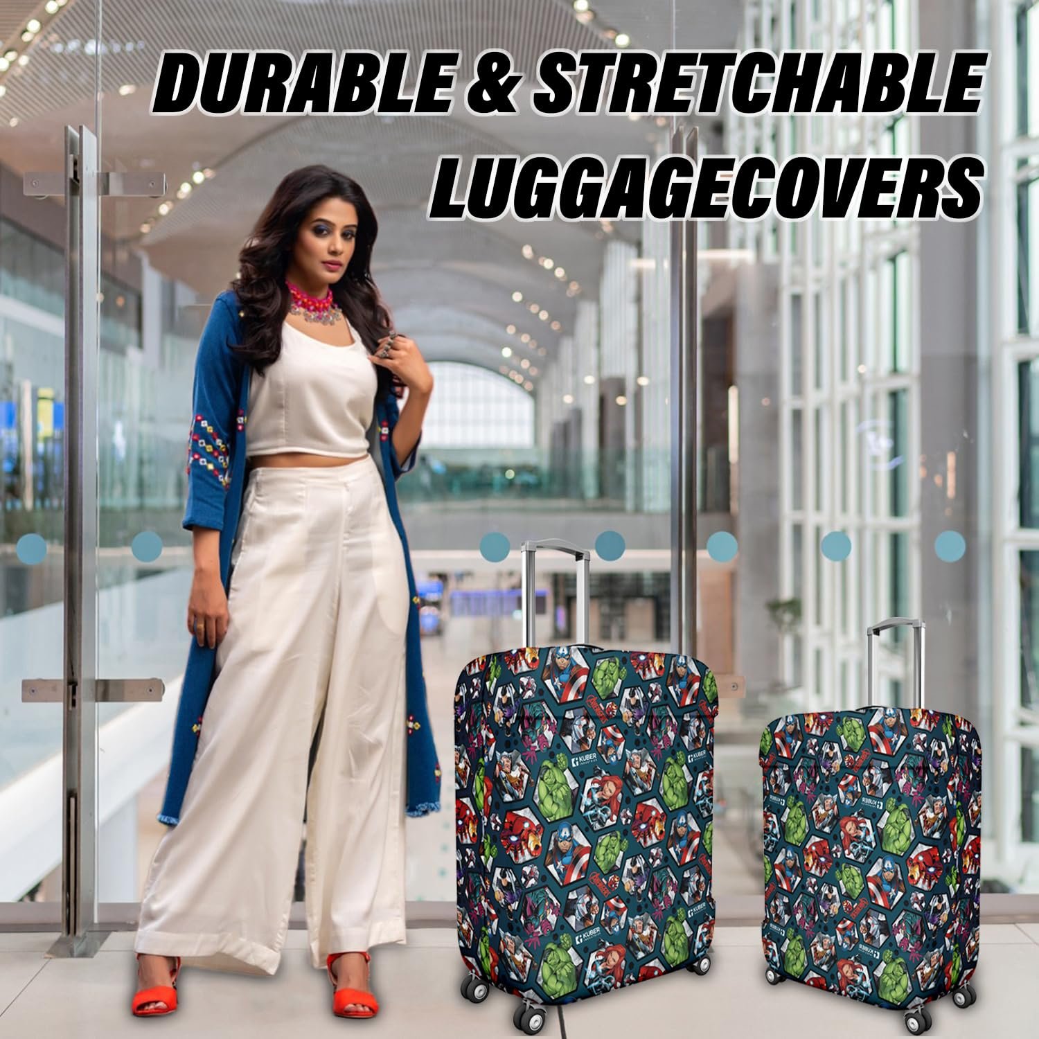 81rq zrzxwl. sl1500 Heart Home Marvel Avengers Luggage Cover | Polyester Travel Suitcase Cover | Washable | Stretchable Suitcase Protector | 18-22 Inch | Small | Blue
