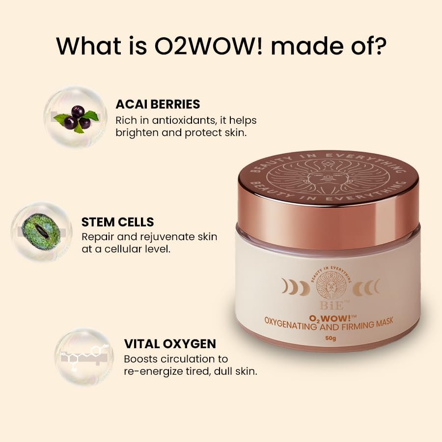51476buln7l BiE O2WOW Oxygenating & Firming Face Mask | Detan, Pigmentation & Dark Spot Care | Instant Tan Removal | Acai Berry, Ginseng Stem Cells & Vital Oxygen | All Skin Types | 50gm