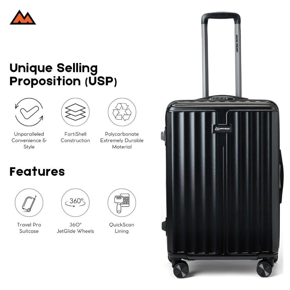 51x6idsb26l. sl1000 MOVE-MEANT ROAMIFY Medium Cabin Suitcase 66 CM 8 Wheels Number Lock Poly Carbonate Black Trolley Bag for Men & Women | 360 Degree Wheeling System Luggage | Trolley Bags for Travel