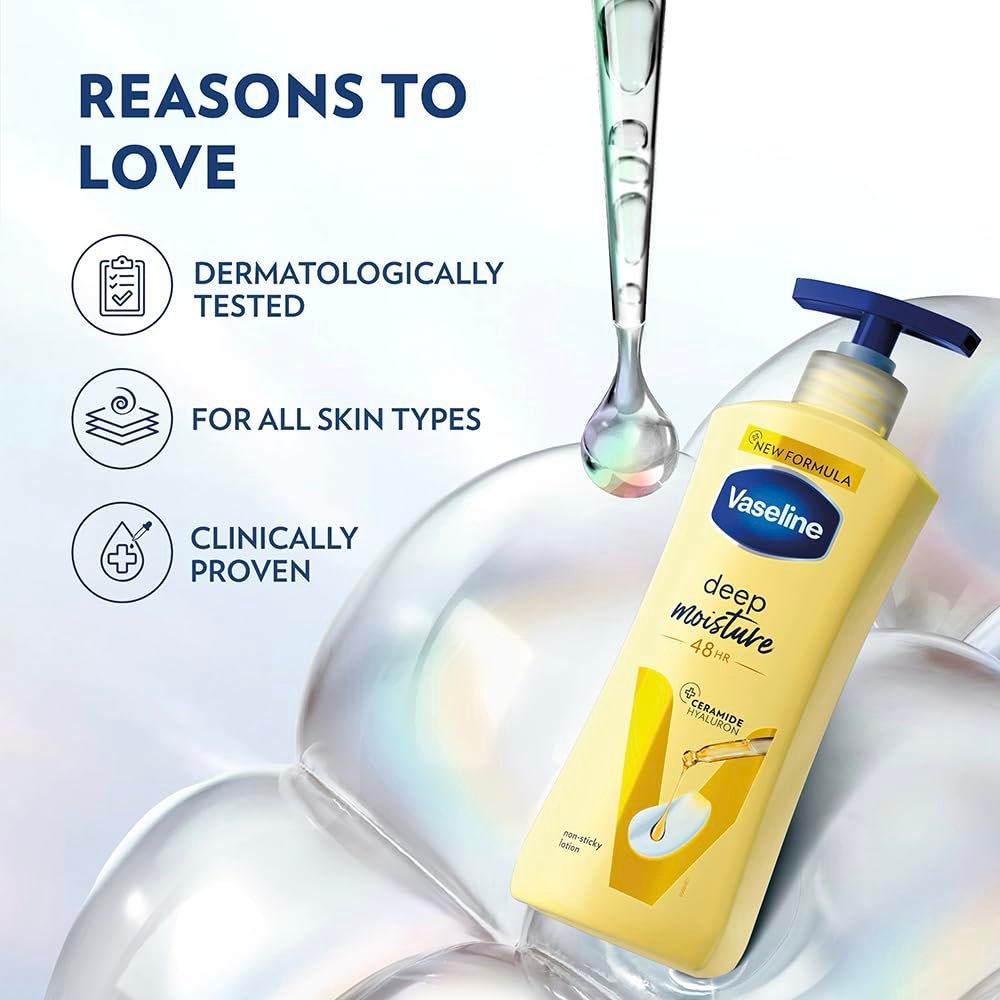 61jsaq2onhl. sl1000 Vaseline Deep Moisture Body Lotion with Ceramide Hyaluron Moisture Fillers | 10X More Moisture for Cushion Soft Glowing Skin | For Dry Skin | Lightweight Non-Sticky Formula | 200ml