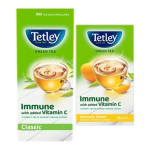 Tetley Green Tea, Refreshing, 100 Tea Bags, 140 Grams & Tetley Green Tea Immune, With Added Vitamin C, Naturally Mango Flavour, 25 Tea Bags, 1.3gx25, 32 Grams