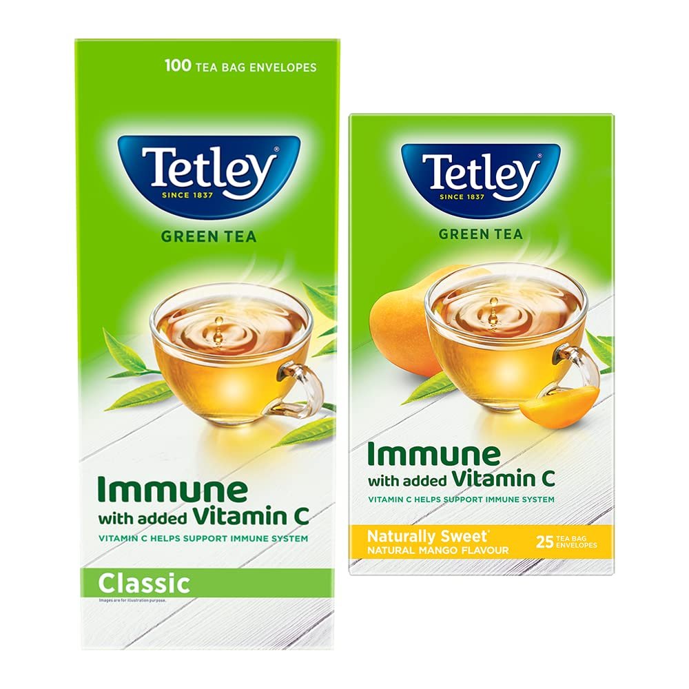 Tetley Green Tea, Refreshing, 100 Tea Bags, 140 Grams & Tetley Green Tea Immune, With Added Vitamin C, Naturally Mango Flavour, 25 Tea Bags, 1.3gx25, 32 Grams Tetley Green Tea, Refreshing, 100 Tea Bags, 140 Grams & Tetley Green Tea Immune, With Added Vitamin C, Naturally Mango Flavour, 25 Tea Bags, 1.3gx25, 32 Grams